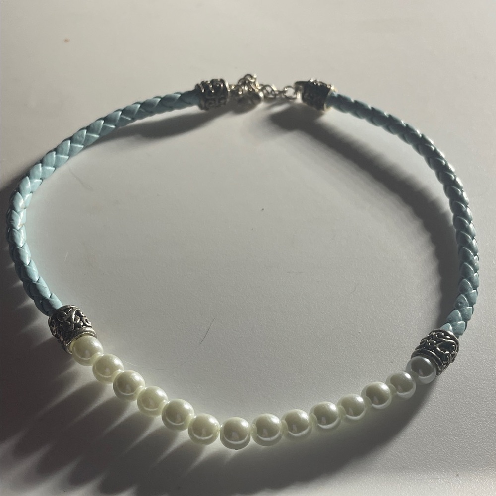 Handcrafted Pearl & Light Blue Braided Necklace